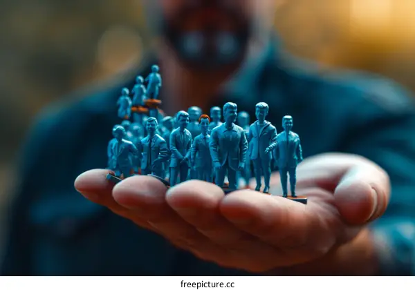A handful of blue plastic toy people held in a person's hand
