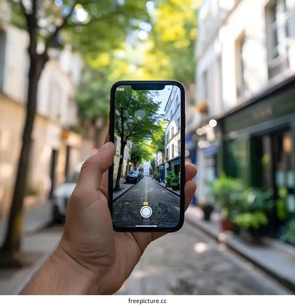 Hand Holding Smartphone Taking Photo of Narrow Cobblestone Street in Paris
