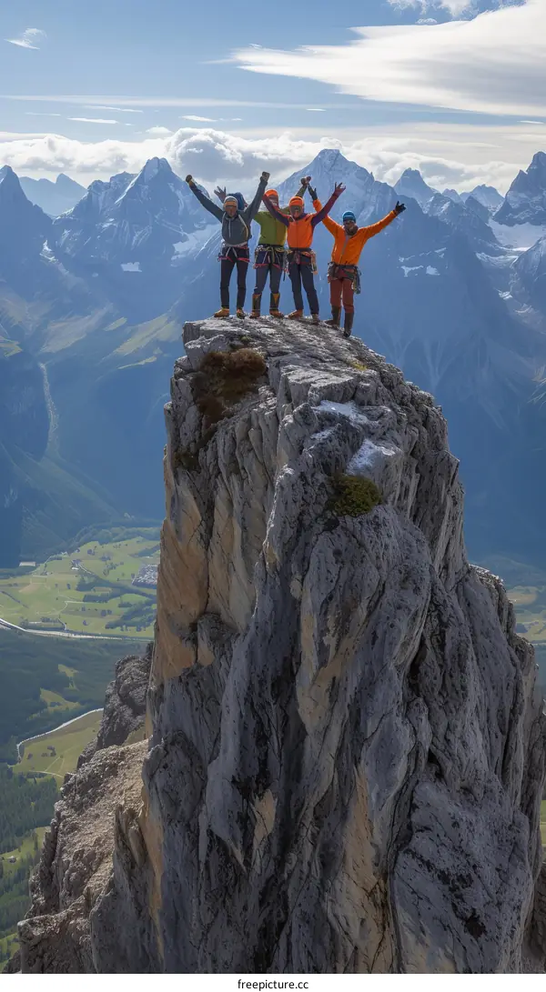 Four people celebrating on a mountaintop