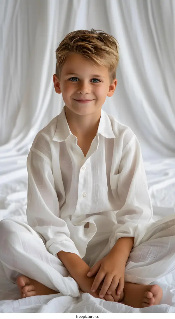 Portrait of a Young Boy Sitting on a Bed Wearing a White Shirt