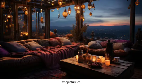 A cozy living space with a beautiful view of the city