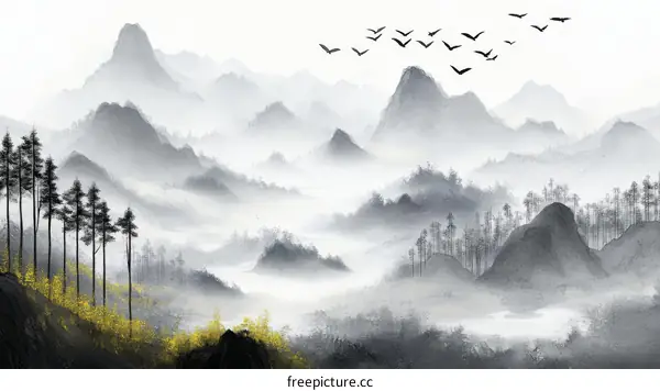 Misty Mountainscape with Birds in Flight