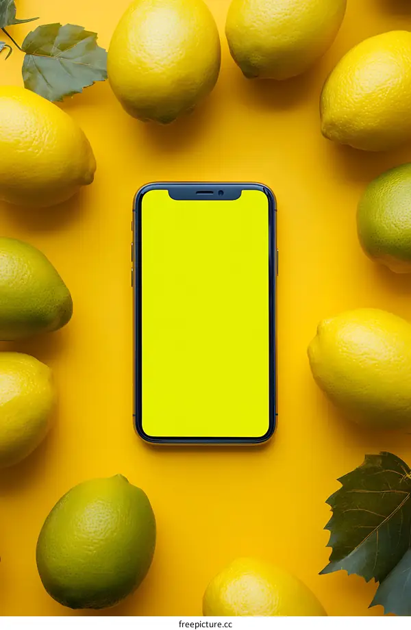 Yellow Lemons and Smartphone Mockup on Yellow Background