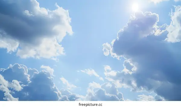 Blue sky and white clouds with sun shining through them