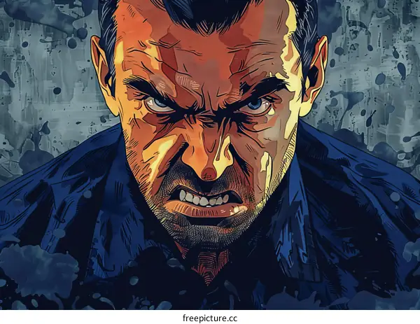 Angry Man Illustration, Close Up Portrait of a Man with Angry Expression