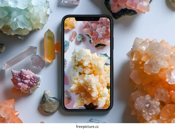 Cell Phone Displaying Crystals On White Background
