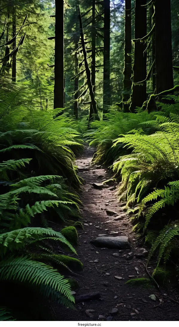Sunlight shining through a lush green forest path