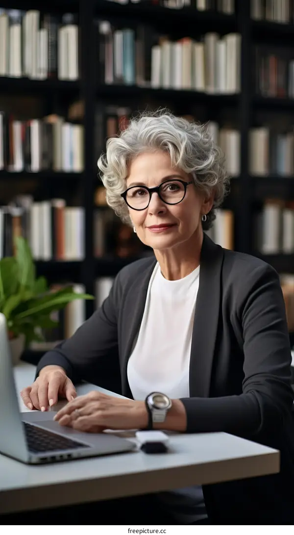 Confident senior businesswoman working on laptop in library