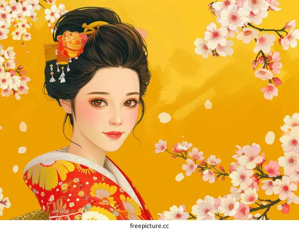 A beautiful Japanese woman in a kimono with cherry blossoms