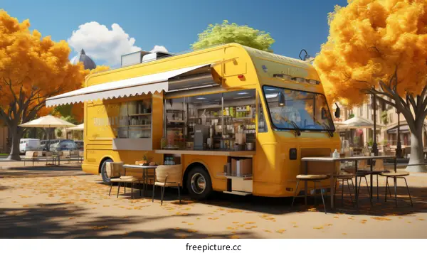 Yellow Food Truck Parked In A City Square With Autumn Trees
