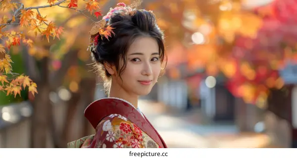 Portrait of a young woman in a kimono standing in a forest of red maple trees.