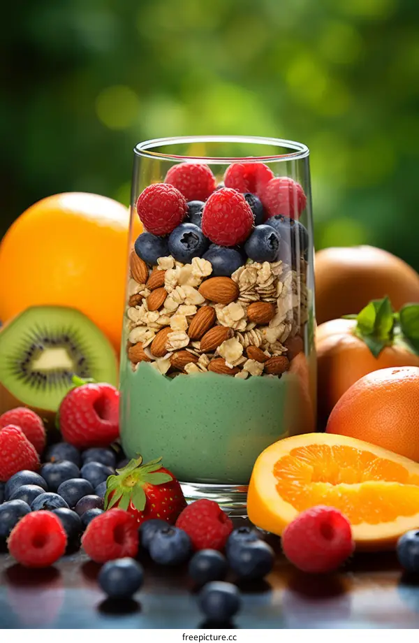 Refreshing and healthy green smoothie with berries, kiwi, and almonds