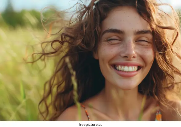 Portrait of a happy young woman with freckles and curly hair, smiling and closing her eyes, with a natural background of green grass.