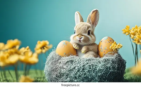 Cute Baby Easter Bunny in Nest with Eggs