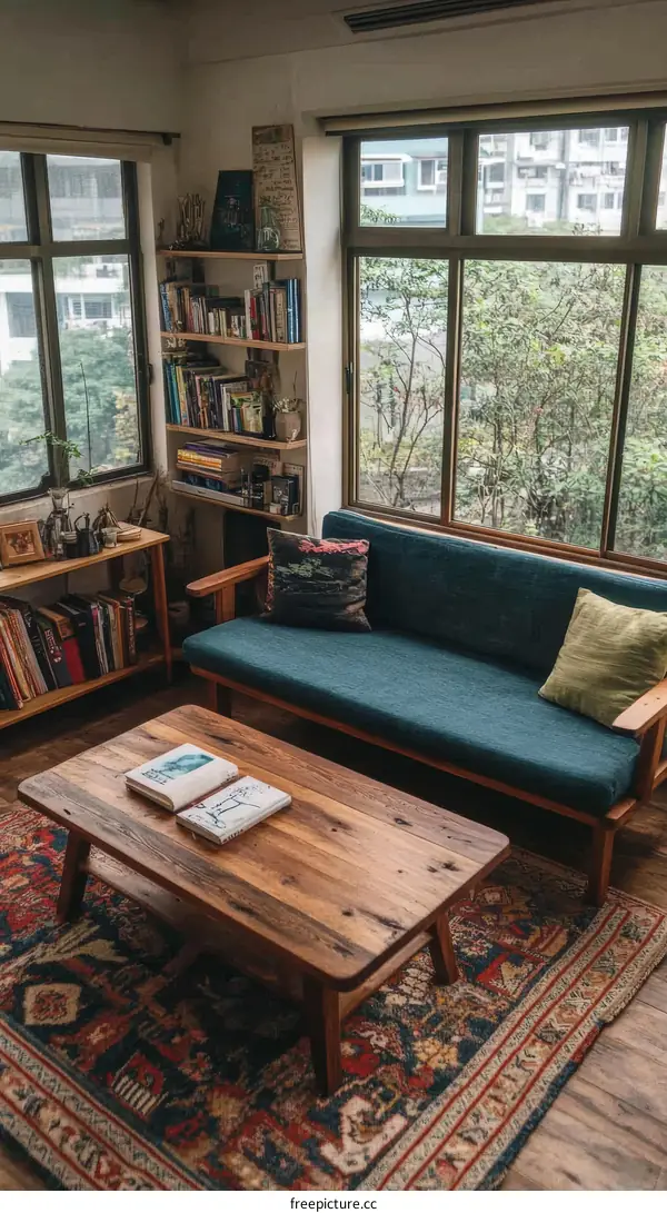 Cozy Corner Living Room with Natural Light and Bookshelves