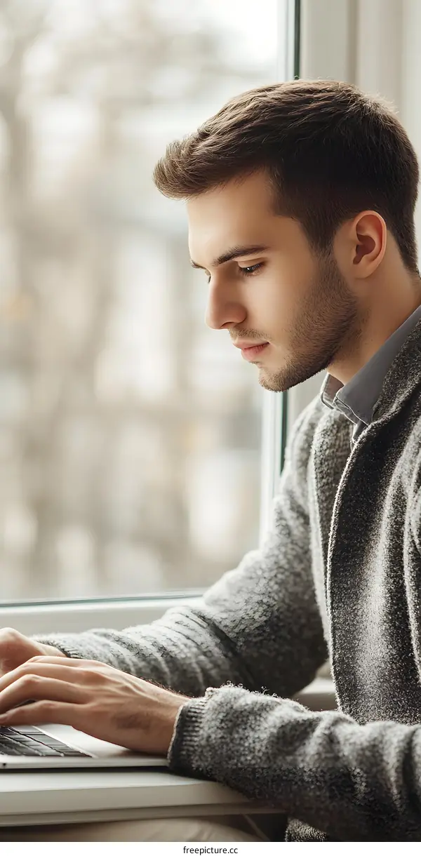 Young Man Working on Laptop Near Window