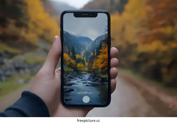 Person Holding Smartphone with a Picture of a River in the Woods