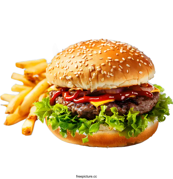 [Transparent Background PNG]Delicious Cheeseburger with Sesame Seed Bun and French Fries