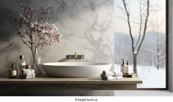 Bathroom interior with a view of snow-covered trees