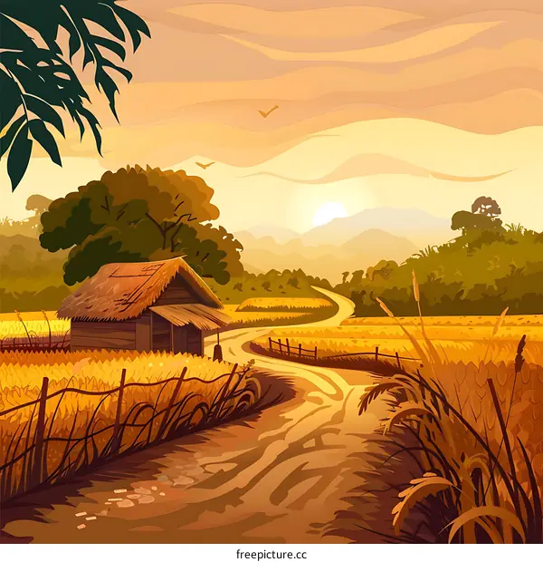 Sunset Landscape With Country House