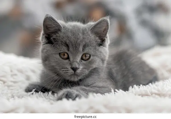 A Cute Gray Kitten Resting on a White Fluffy Blanket