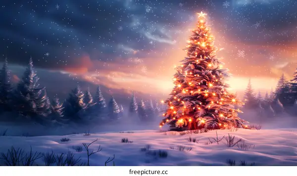 A beautiful winter scene with a snow-covered forest and a large, decorated Christmas tree.