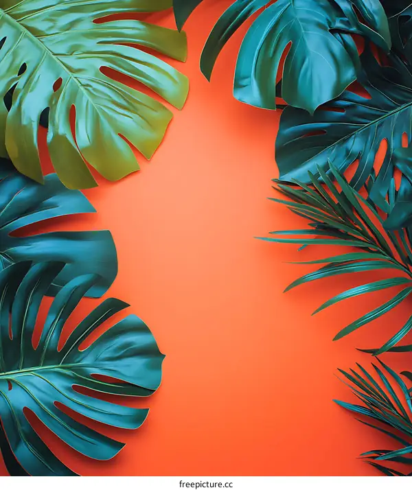 Tropical Leaves on Orange Background