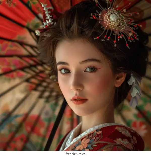 Portrait of a beautiful Japanese woman in traditional clothing