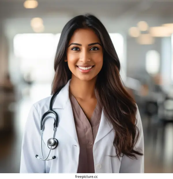 Portrait of a smiling female doctor of Indian descent wearing a lab coat and stethoscope