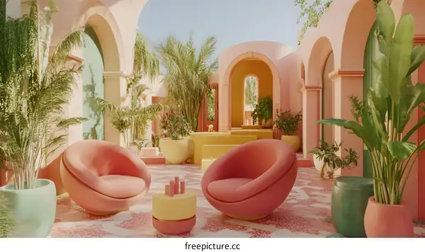 Pink and Yellow Courtyard with Lush Greenery
