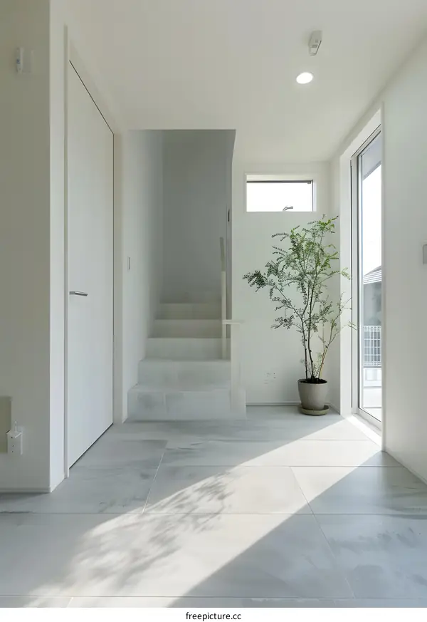 Modern White Staircase Interior Design with a Plant