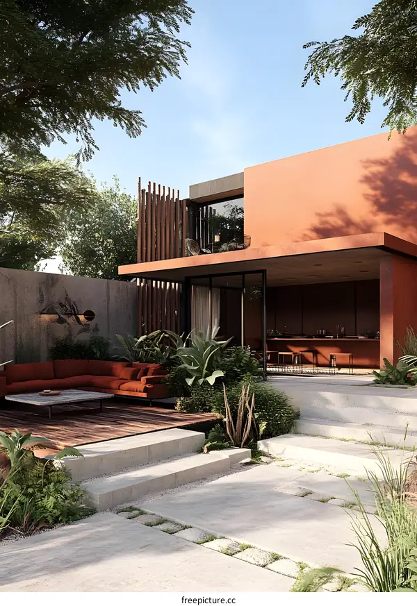 Modern Minimalist Backyard with Concrete Steps and Tropical Plants