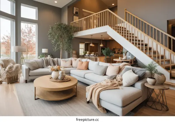 A cozy living room with a large sectional sofa, coffee table, rug, and plants