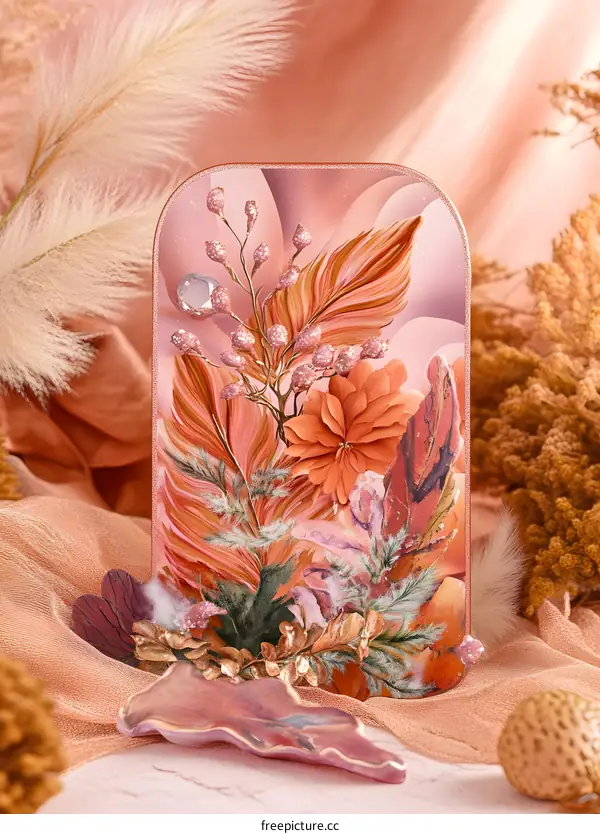 Abstract Flower Painting With Glitter and Leaves