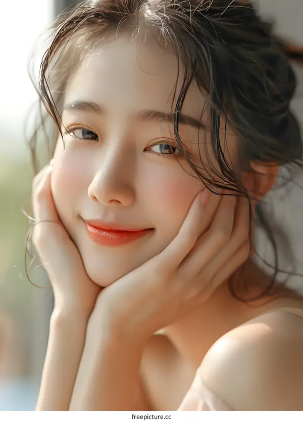 Closeup Portrait of Beautiful Asian Woman with Wet Hair and a Soft Smile