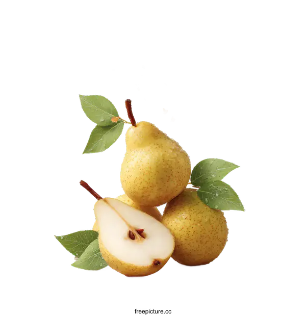 [Transparent Background PNG]Fresh Pears with Water Drops and Leaves