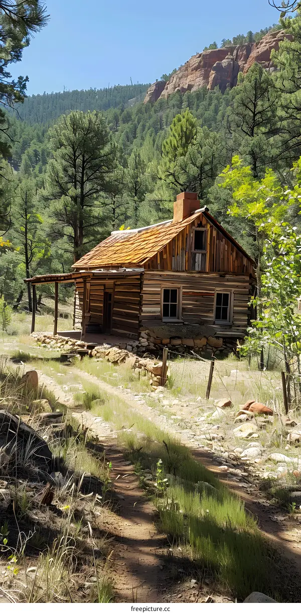 Wooden Cabin in the Forest with a Dirt Path