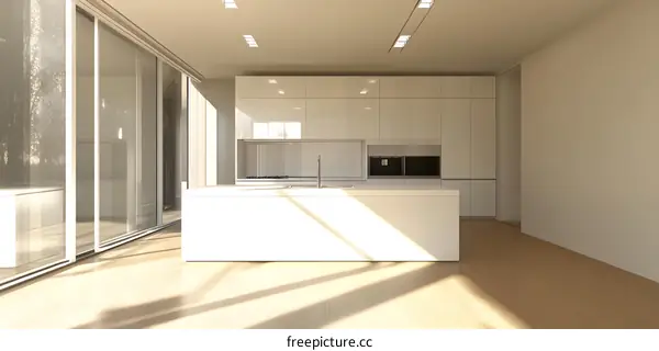 Modern Minimalist Kitchen Interior Design with White Cabinets and Island