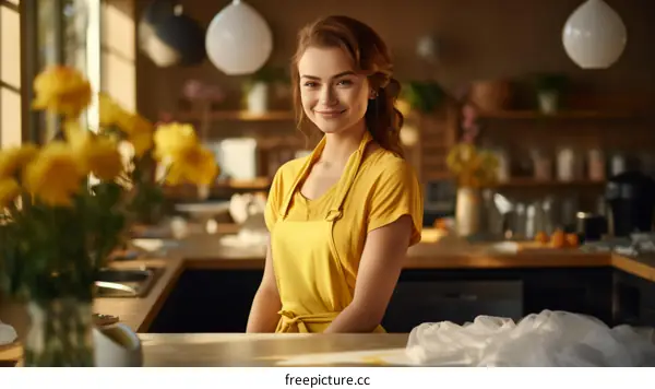 Portrait of a Smiling Woman in a Yellow Apron