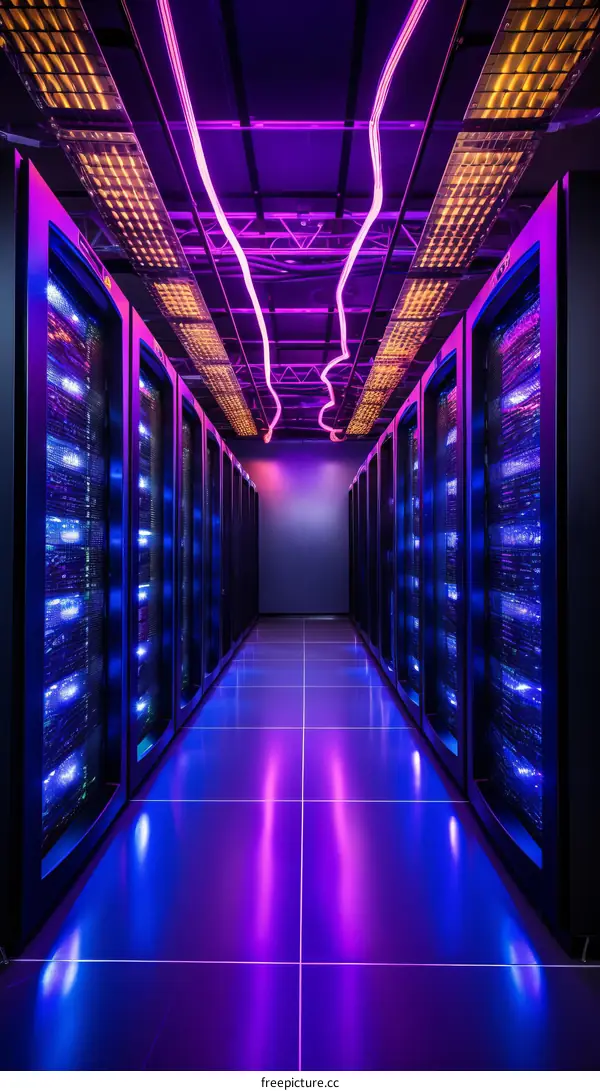 Server room with purple and blue lights