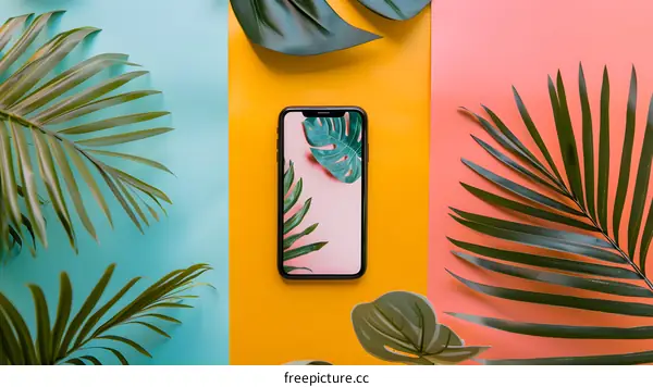 Palm Leaves and Smartphone on Colorful Background