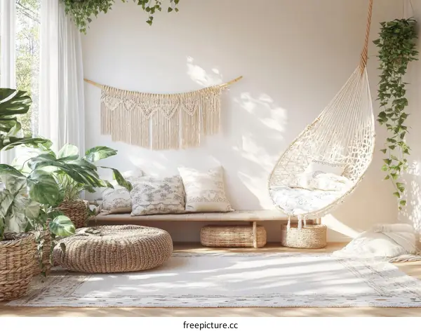 Bohemian Style Living Room Decor with Hanging Hammock