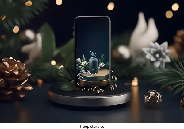 Smartphone on a Dark Background with Gold Pine Cone and Green Branches