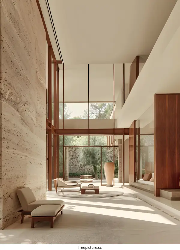 Modern Interior Design with Stone Wall and Large Windows