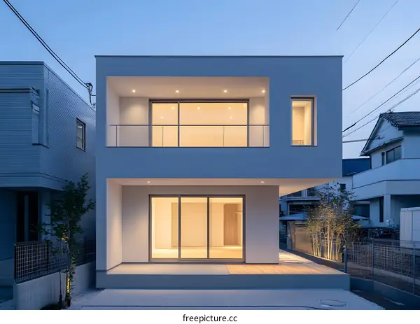 Modern Two Story White House with Glass Doors and Balcony