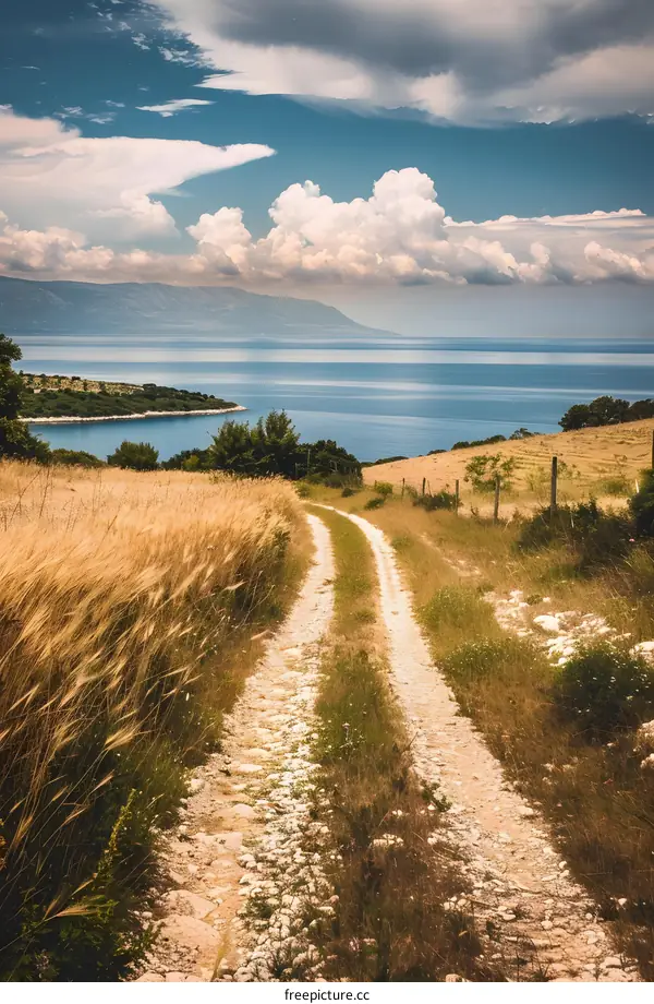 Country Road Leading to the Sea with Blue Sky and White Clouds