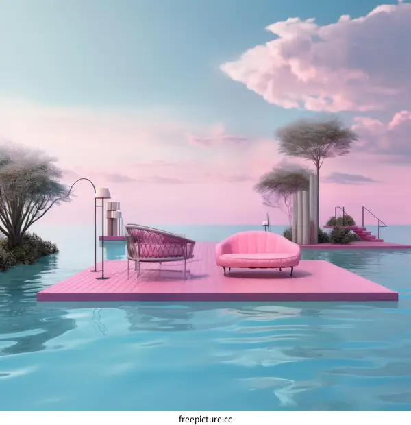 pink surreal seascape with pink furniture