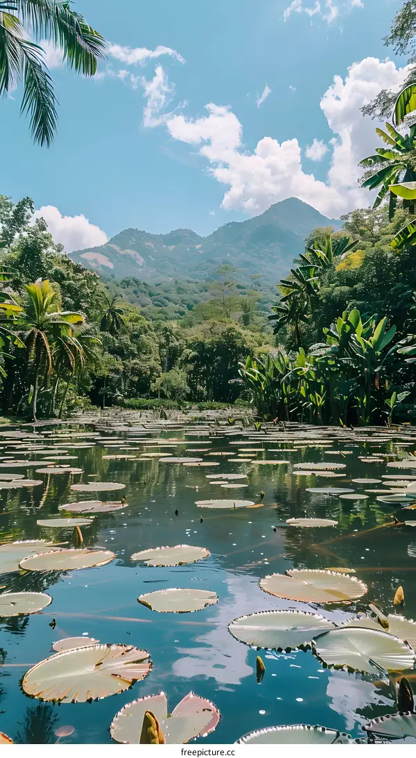 lush green foliage and lily pads in a pond with a mountain in the distance