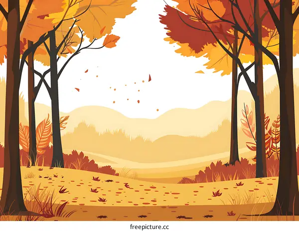 Autumn Landscape Illustration With Falling Leaves