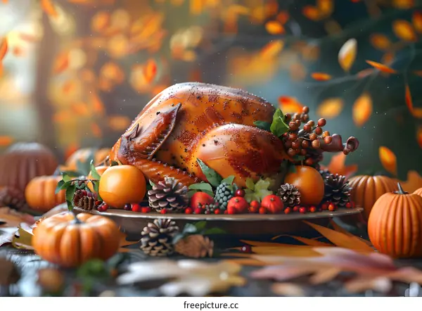 Thanksgiving dinner with roasted turkey, pumpkins, and autumn leaves